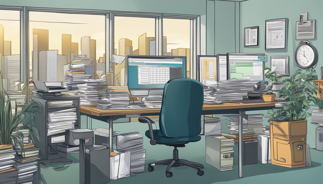 A busy office with a desk cluttered with paperwork, a computer displaying financial data, and a phone ringing off the hook