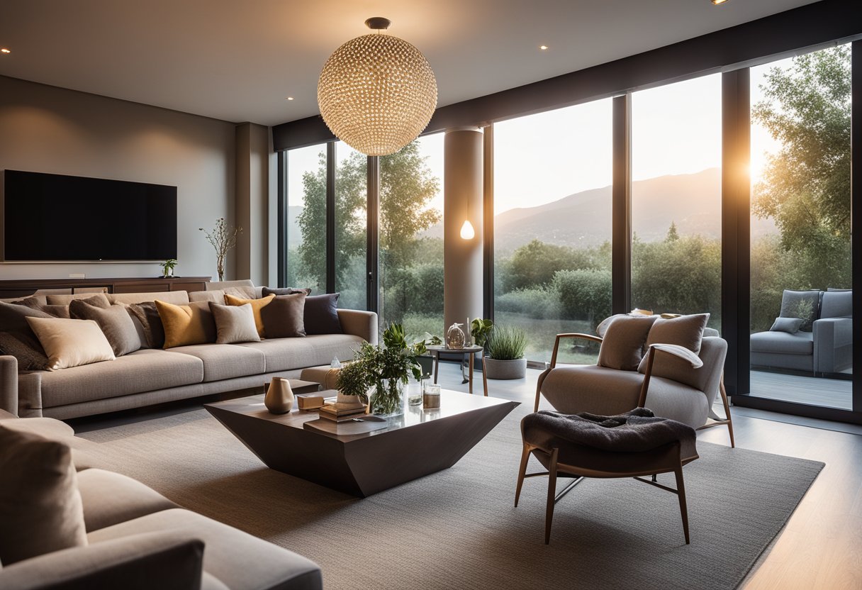 A cozy living room with warm, ambient lighting from recessed ceiling lights and a central chandelier. Natural light filters in through large windows, casting soft shadows on the furniture and decor