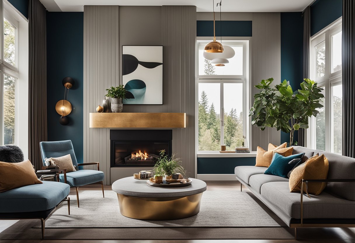 A cozy living room with a modern fireplace, large windows, and a mix of neutral and bold colors. A statement wall with textured wallpaper and a variety of seating options create a stylish and inviting space