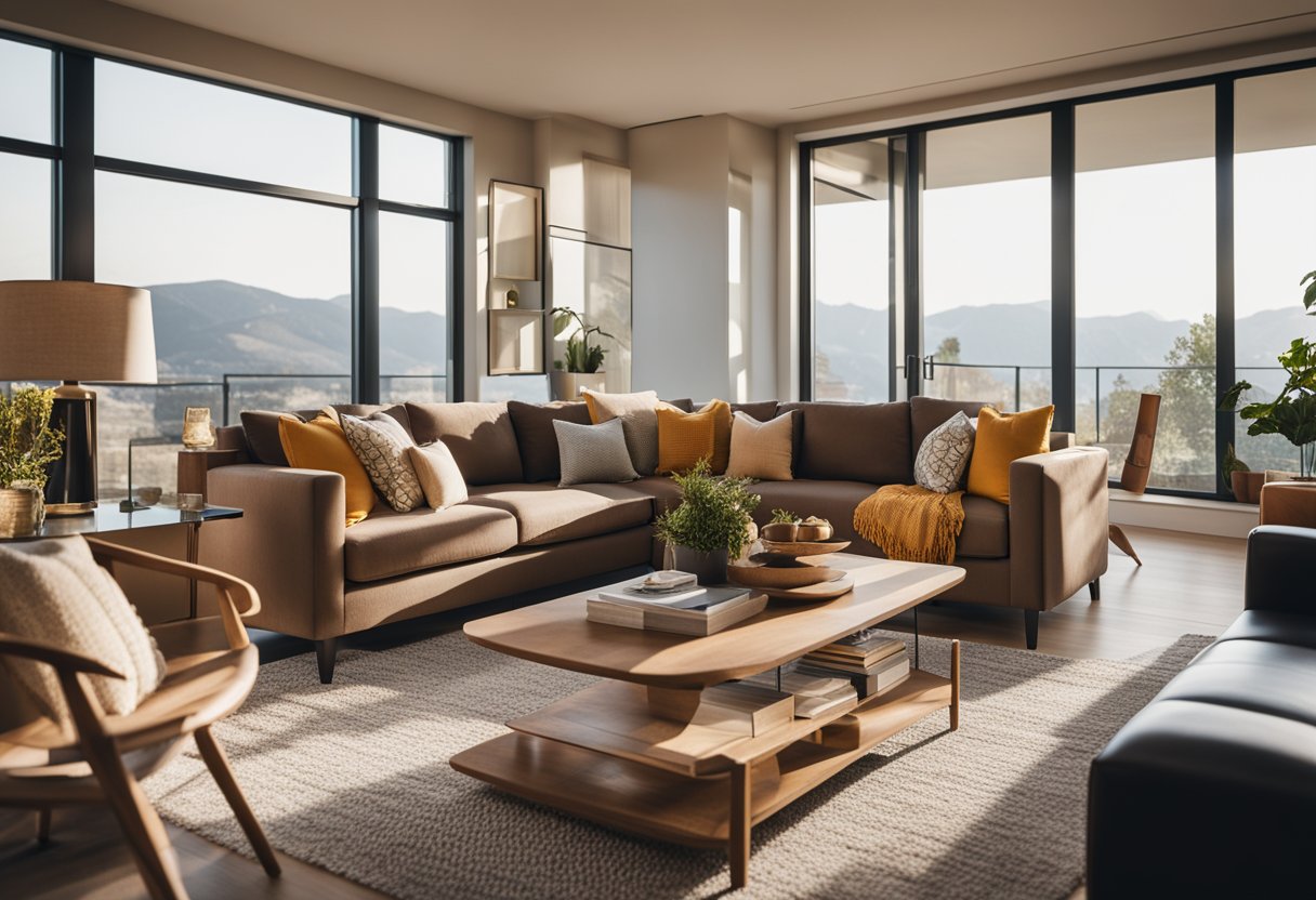 A cozy living room with modern furniture, warm earth tones, and pops of vibrant colors. Soft lighting and large windows bring in natural light, creating a welcoming and relaxing atmosphere