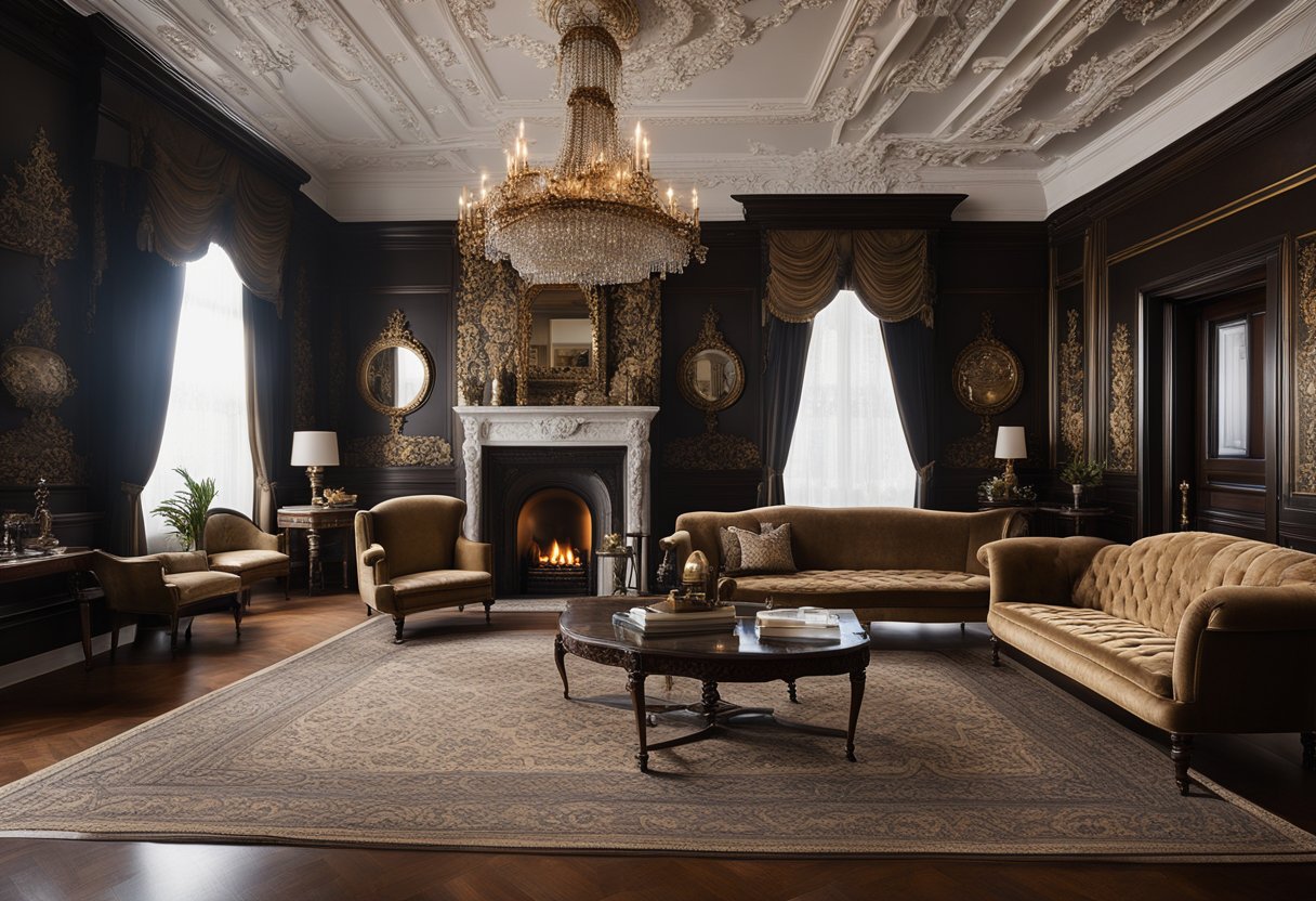 A grand Victorian parlor with ornate wallpaper, plush velvet furniture, and a marble fireplace. Rich, dark wood accents and intricate details adorn the room