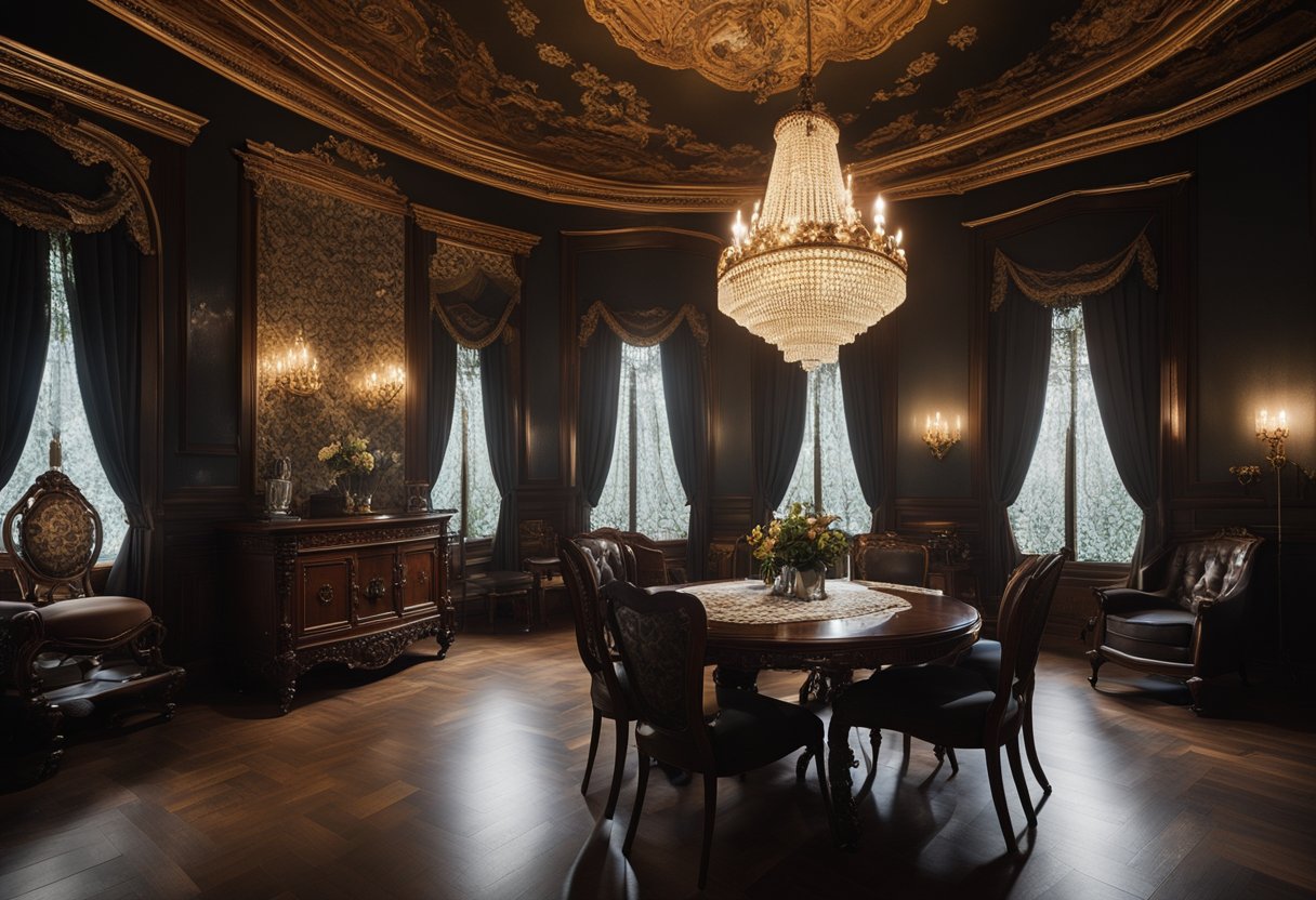 A Victorian interior with ornate furniture, intricate wallpaper, and rich, dark colors. A chandelier hangs from the ceiling, casting warm light on the detailed decor