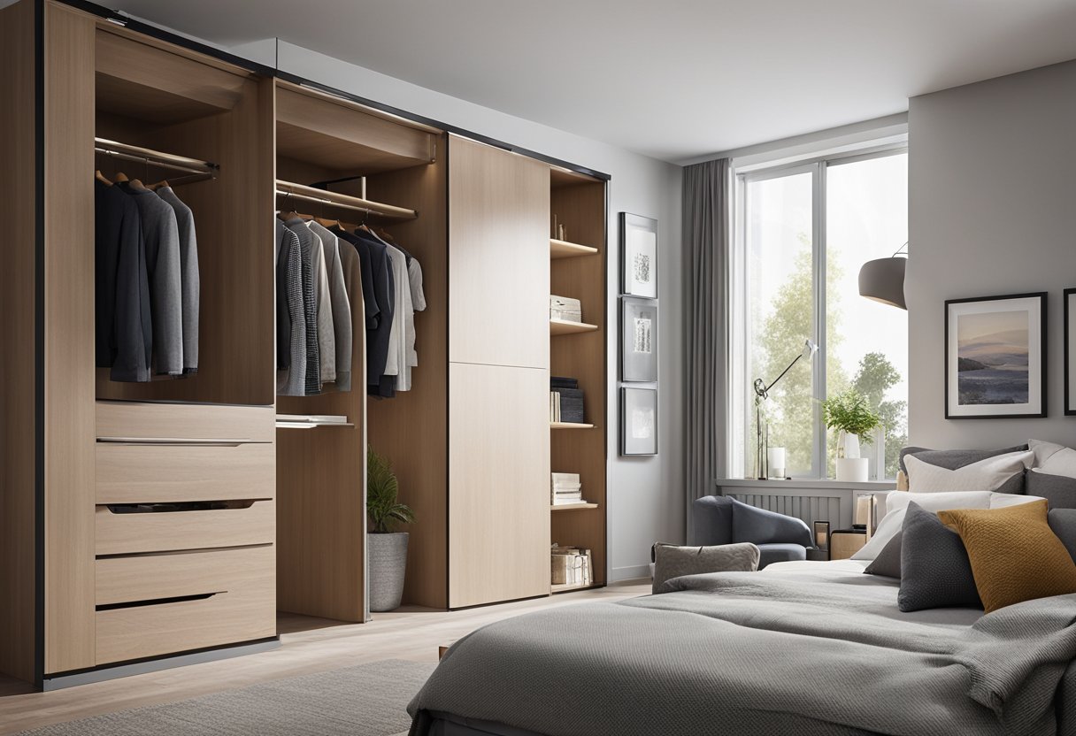 The small bedroom features a sleek, wall-mounted wardrobe with sliding doors, maximizing space. The design includes built-in drawers and shelves for efficient storage