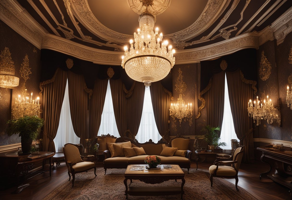 A grand Victorian parlor with ornate furniture, rich velvet drapes, and intricate wallpaper. A crystal chandelier hangs from the ceiling, casting a warm glow over the room