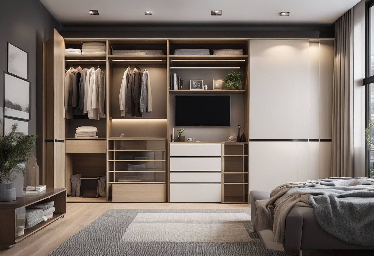A small bedroom with a modern wardrobe maximizing space with sliding doors, built-in shelves, and drawers