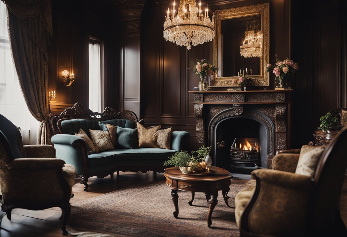 A cozy Victorian sitting room with ornate furniture, rich tapestries, and a vintage fireplace. Subtle floral patterns and dark wood accents add to the elegant atmosphere