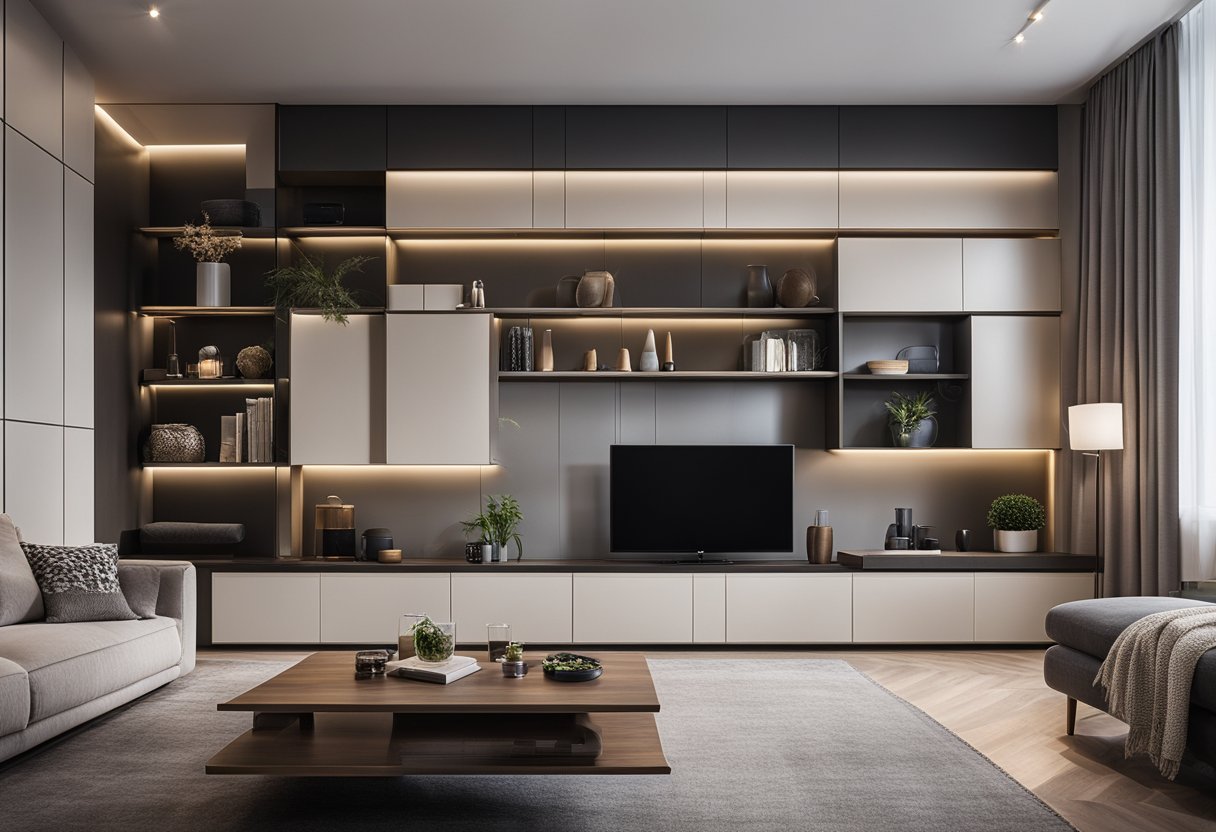 A modern living room with sleek, minimalist cupboard designs, featuring clean lines, and integrated lighting
