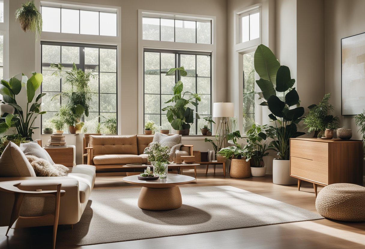 A cozy living room with mid-century modern furniture, neutral colors, and natural textures. Large windows let in plenty of natural light, and there are plants scattered throughout the space