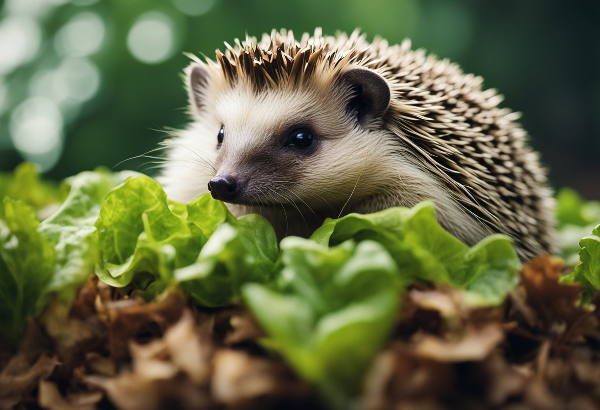 A hedgehog munches on a pile of crisp lettuce leaves, its tiny paws holding the green leaves as it takes small bites