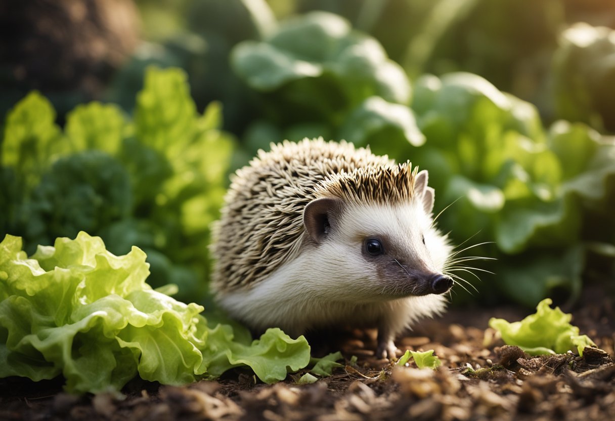 A hedgehog stands near a pile of lettuce, sniffing at the leaves with curiosity