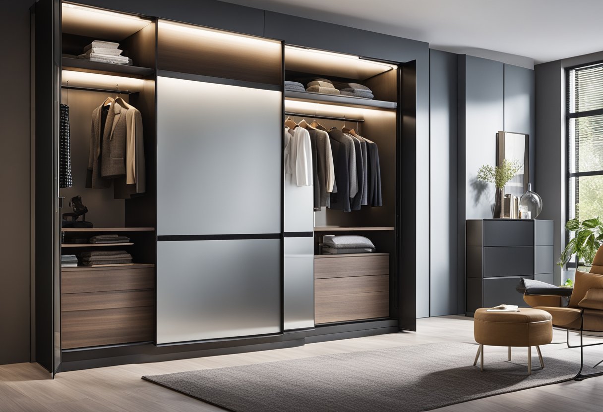 A sleek, modern wardrobe with sliding doors and built-in shelves, fitting snugly into a small bedroom