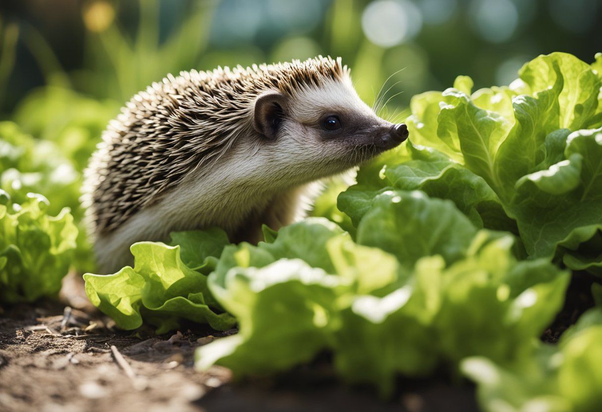 Hedgehogs surrounded by lettuce, sniffing and nibbling on the green leaves