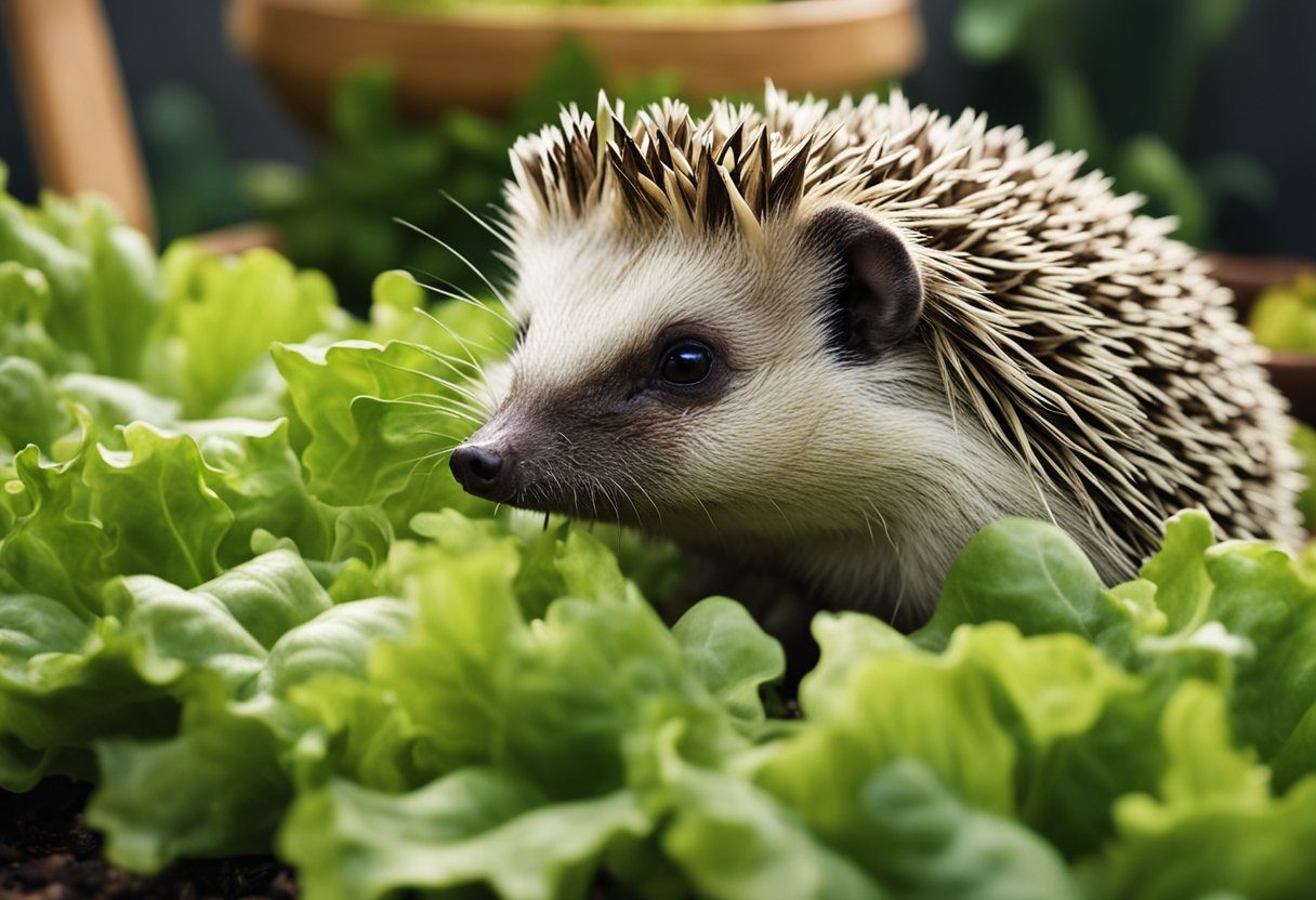 A hedgehog surrounded by various types of lettuce, with a curious expression and sniffing the leaves