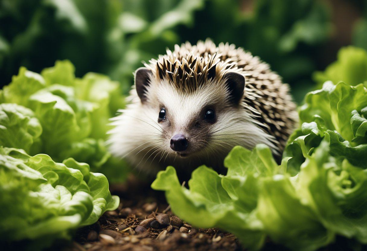 A hedgehog surrounded by lettuce, with a curious expression and sniffing the lettuce leaves