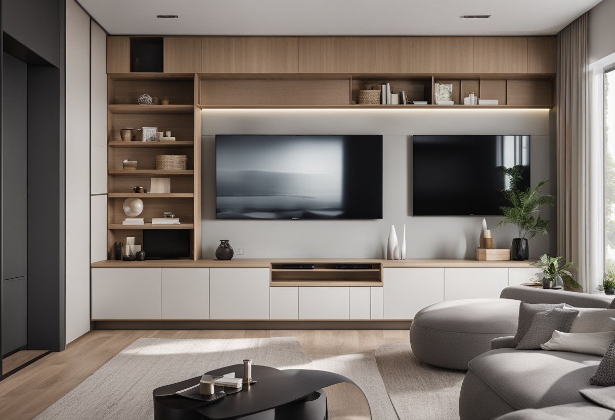 A modern living room with sleek, minimalist cupboard designs, showcasing both style and functionality. The room is well-lit, with clean lines and a neutral color palette