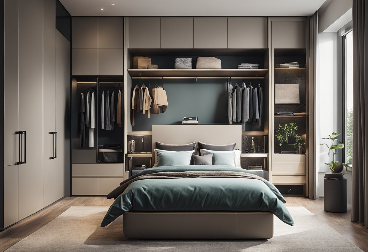A small bedroom with sleek, space-saving wardrobe designs. Minimalist, functional, and stylish furniture arrangement