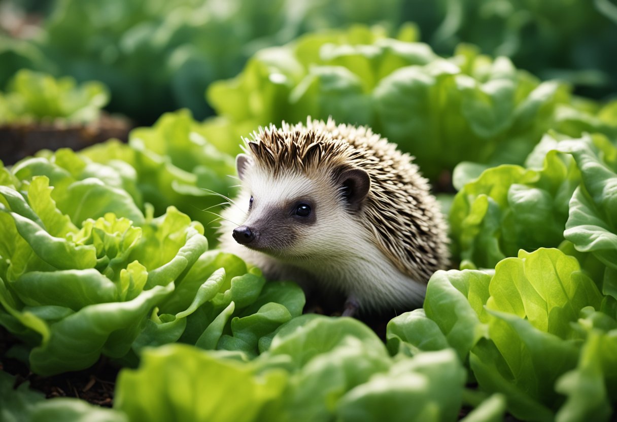 A hedgehog surrounded by lettuce, with a question mark above its head
