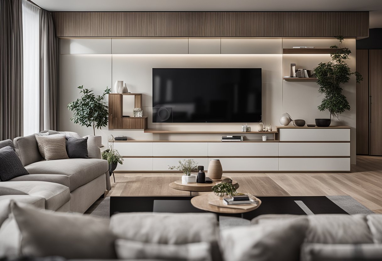 A modern living room with sleek, minimalist cupboard designs. Clean lines and neutral colors create a contemporary and stylish atmosphere