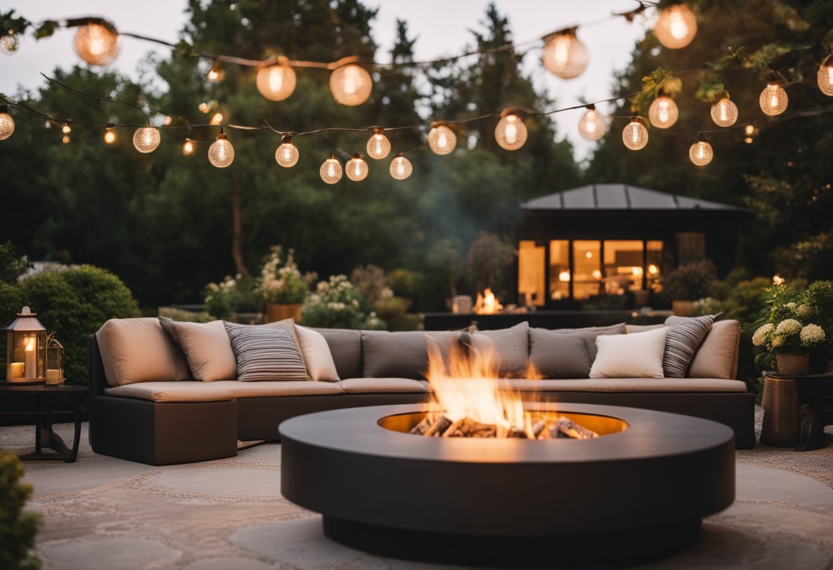 A cozy outdoor living room with a comfortable sofa, coffee table, and a fire pit surrounded by lush landscaping and soft outdoor lighting