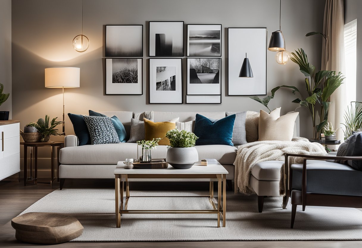A cozy living room with a mix of modern and traditional furniture, soft neutral colors, and pops of vibrant accents. A gallery wall of personal photos and artwork adds a personal touch