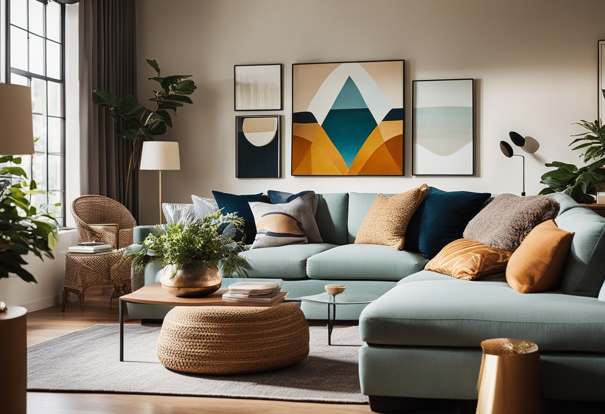A cozy living room with eclectic furniture, colorful throw pillows, and unique art pieces on the walls. Natural light filters in through large windows, casting a warm glow over the space