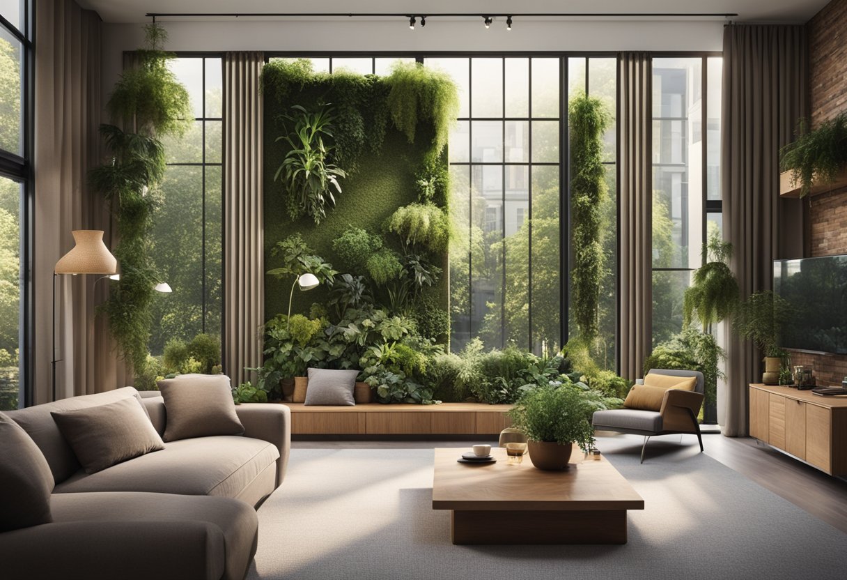 A cozy living room with sustainable landscape features, including a vertical garden, natural materials, and large windows bringing in abundant natural light