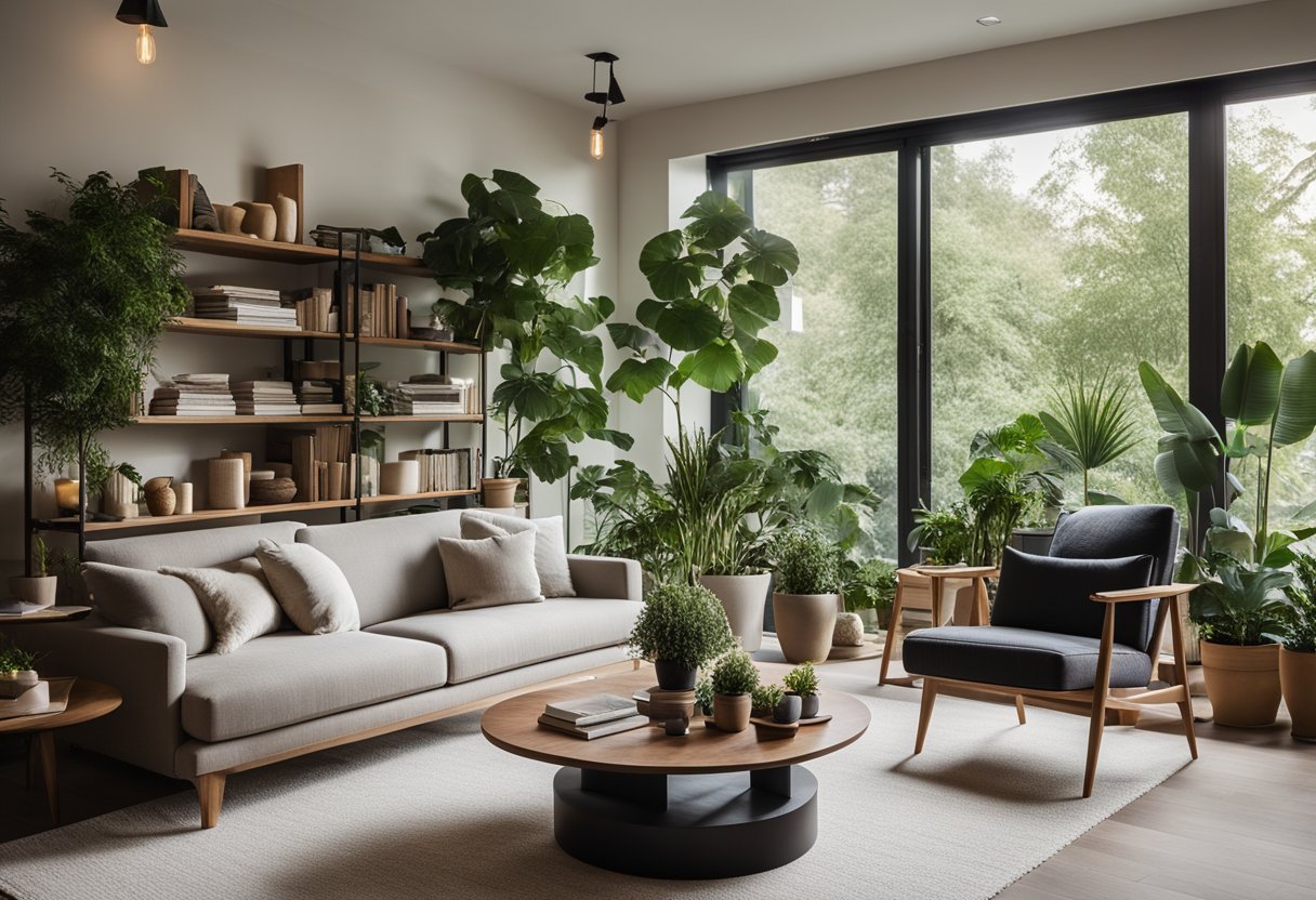 A cozy living room with modern furniture, large windows overlooking a lush garden, and a fireplace as the focal point. A bookshelf filled with plants and art pieces adds a touch of personality to the space