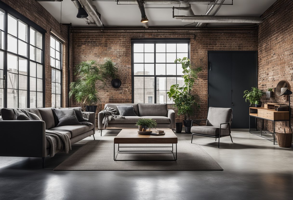 An industrial living room with exposed brick walls, metal piping, and concrete floors. Large windows let in natural light, highlighting the minimalistic furniture and modern decor