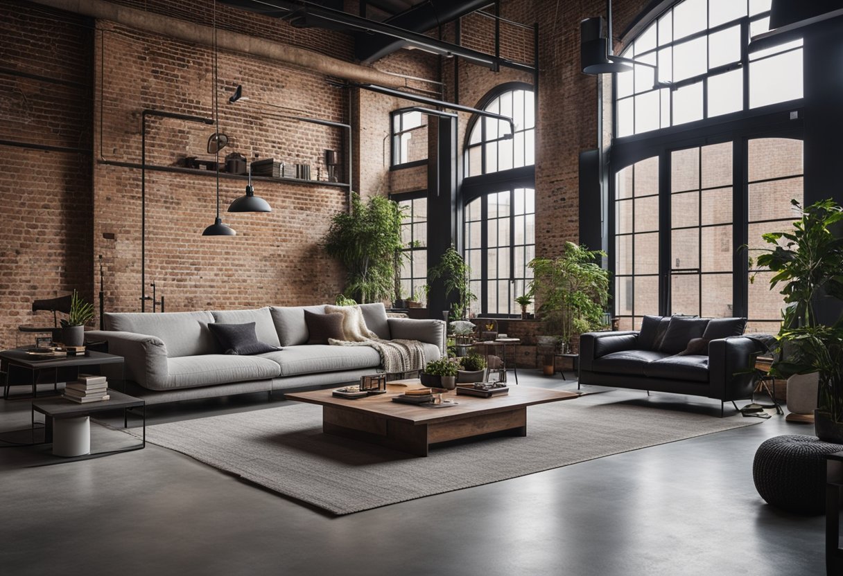 A spacious living room with exposed brick walls, metal beams, and concrete floors. Large industrial-style windows flood the room with natural light. Minimalist furniture and raw materials create a modern, urban atmosphere