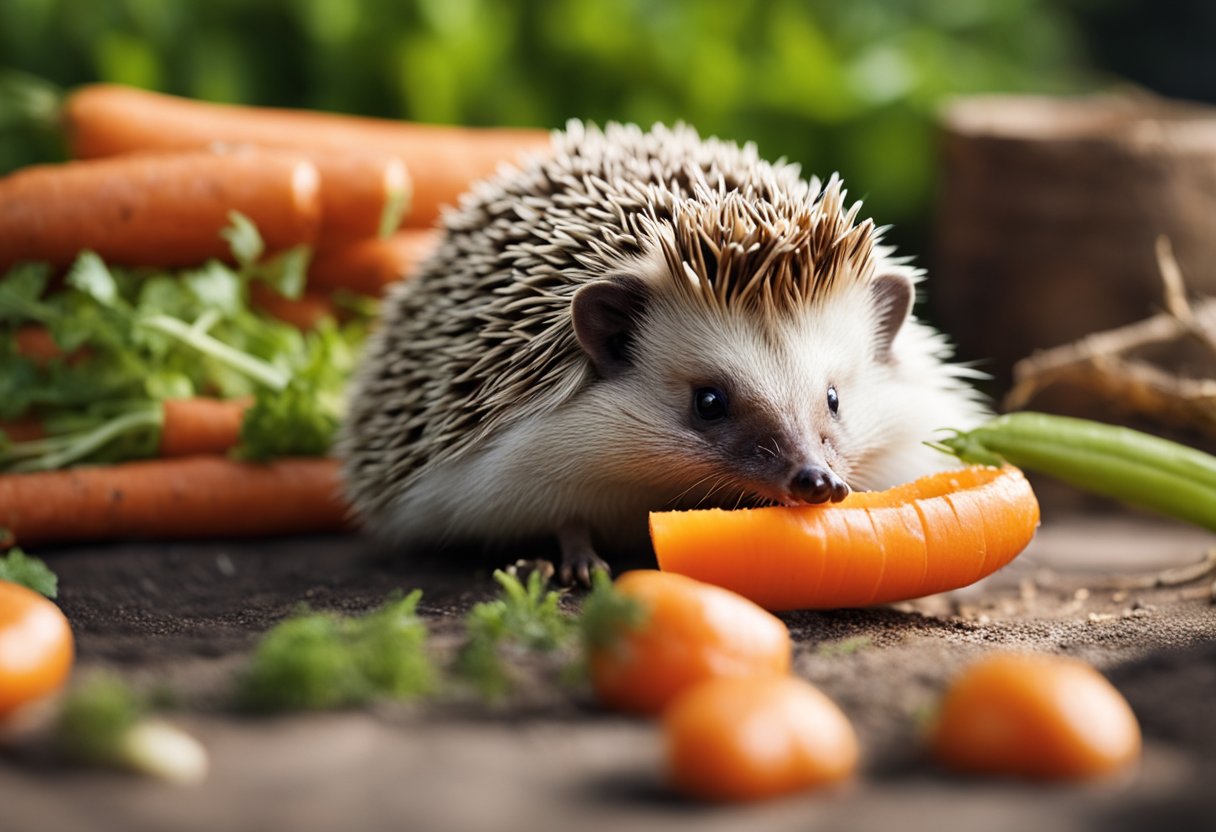 A hedgehog munches on a carrot, its tiny paws holding the vegetable as it chews