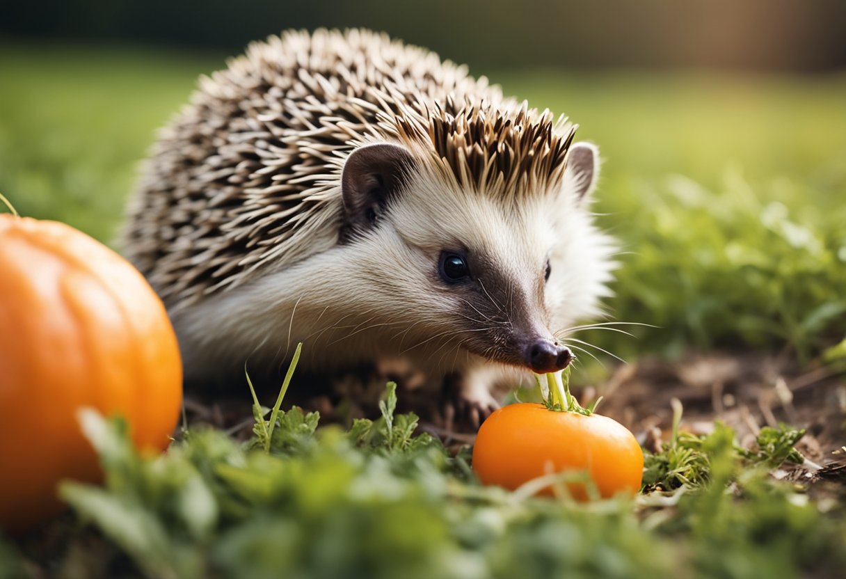 A hedgehog munches on a fresh carrot, its sharp teeth crunching into the orange vegetable. The hedgehog appears content and satisfied as it enjoys the nutritional benefits of the carrot