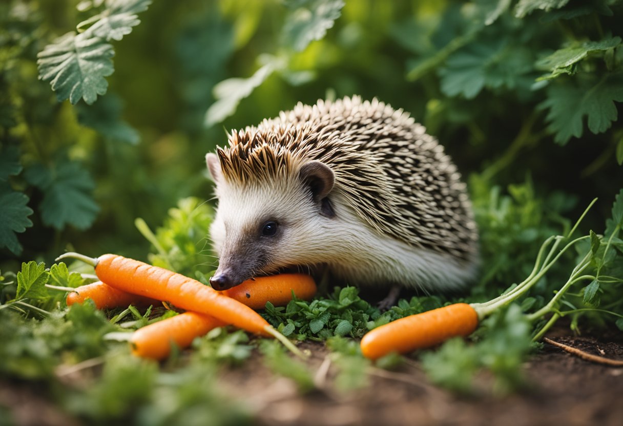 Hedgehogs eating carrots, surrounded by greenery