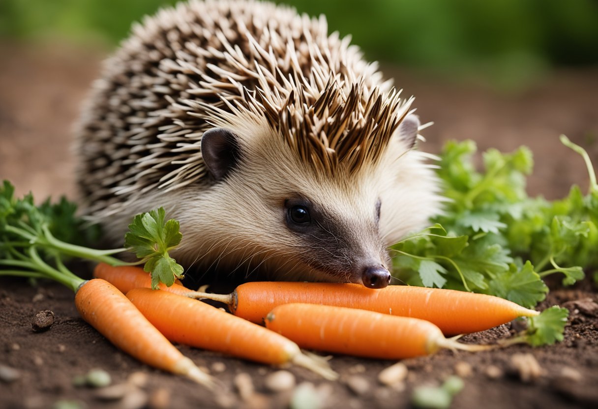 A hedgehog surrounded by a variety of resources, including carrots, with a curious expression and a sniffing motion towards the carrots