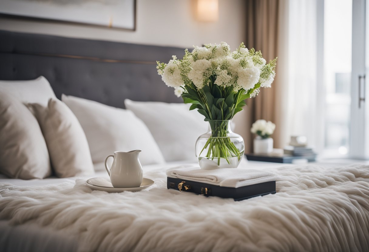 A cozy bedroom with soft lighting, a plush bed with crisp white linens, a fluffy rug, and a stylish nightstand with a vase of fresh flowers