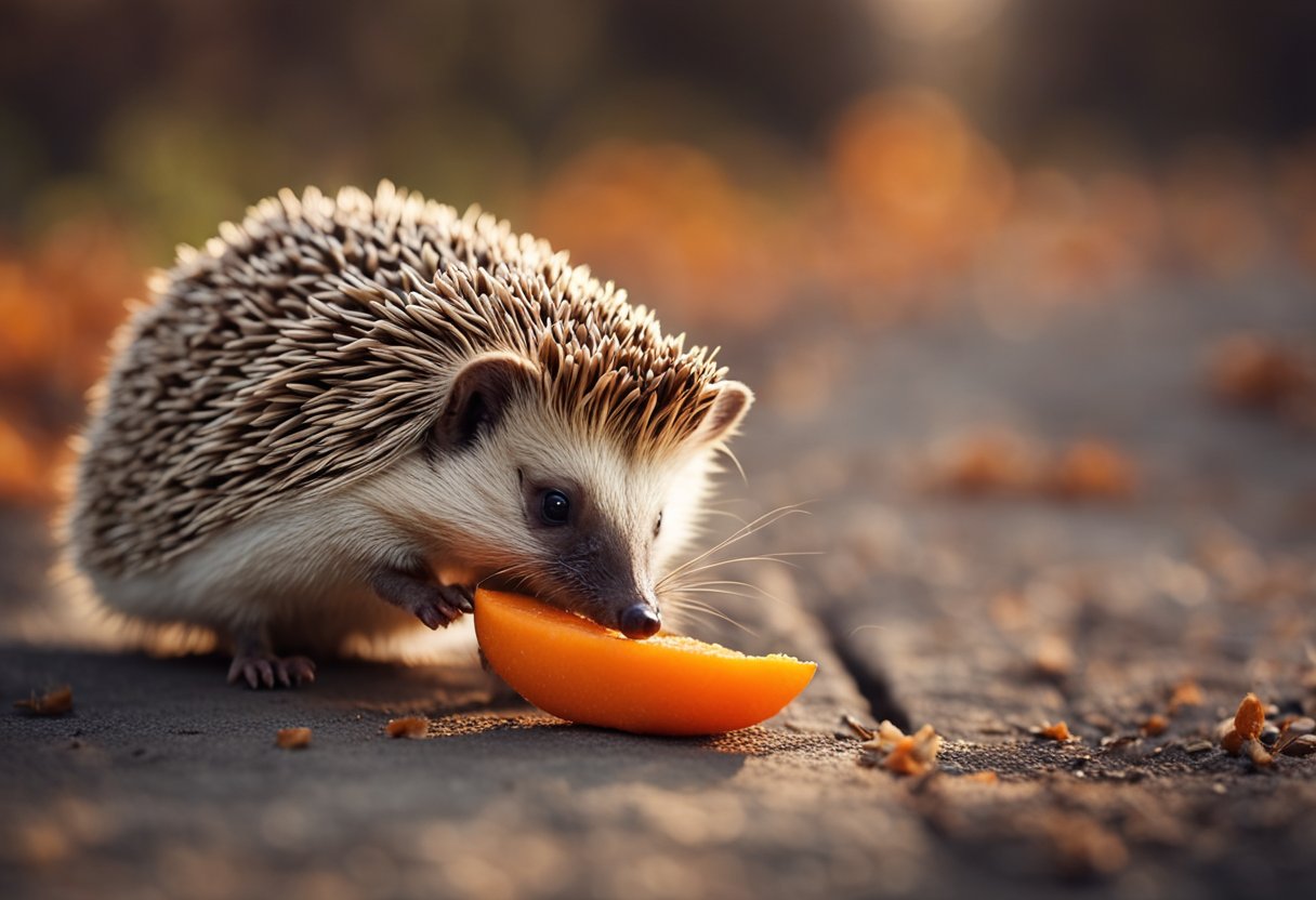 A hedgehog cautiously sniffs a carrot, then nibbles on it, its tiny teeth leaving marks on the orange surface