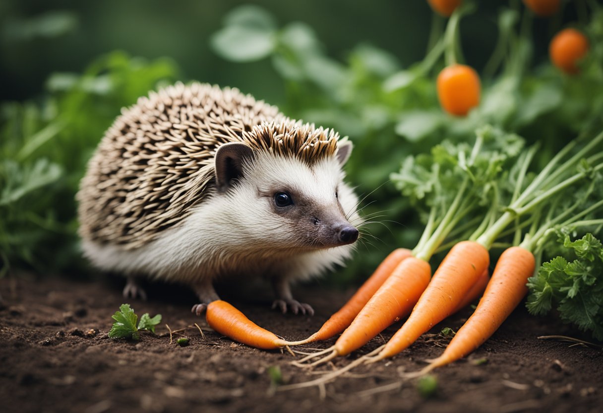 A hedgehog surrounded by carrots, with a curious expression on its face