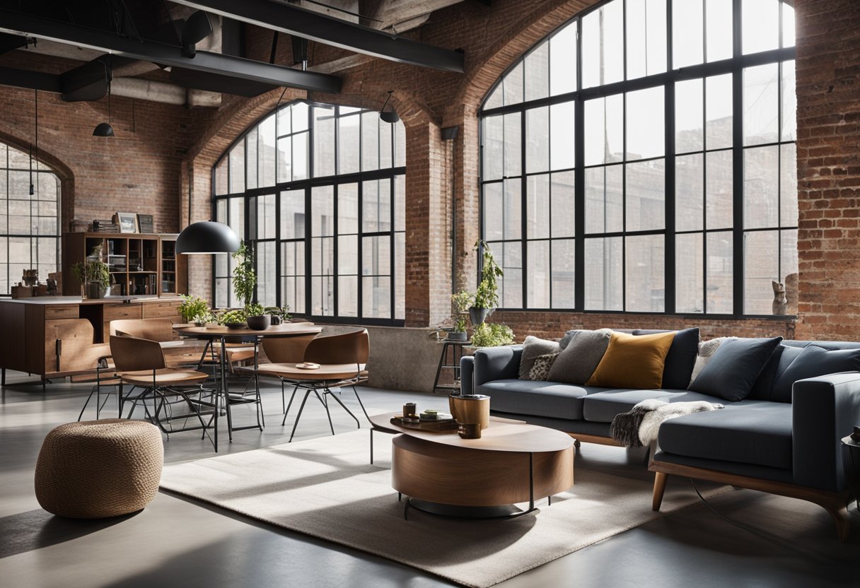 An open living room with exposed brick walls, metal beams, and concrete floors. Large windows let in natural light, highlighting the mix of modern and vintage furniture
