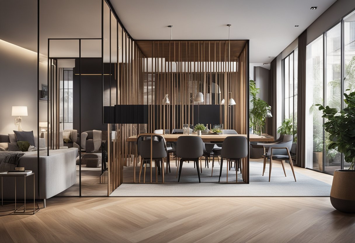 A room with a sleek, modern partition separating the living and dining areas. The partition features a combination of wood and glass, allowing natural light to flow through