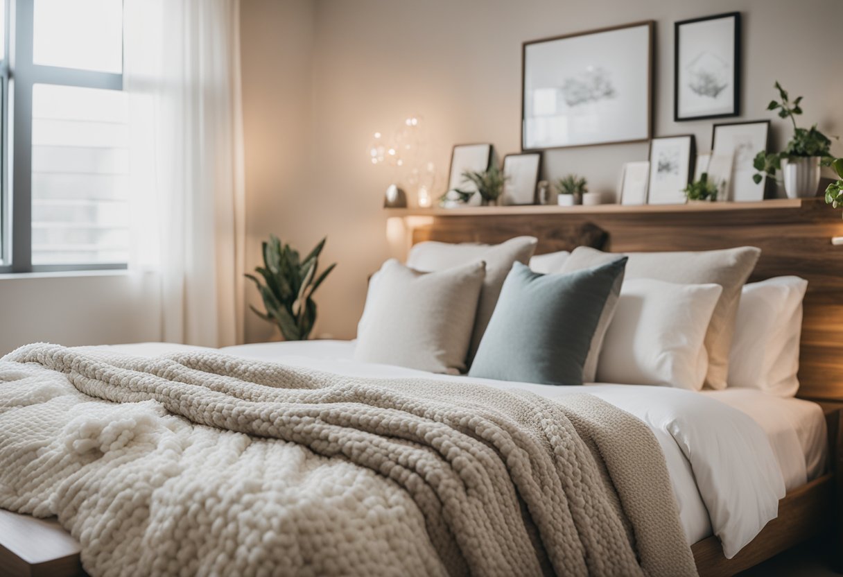 A cozy bedroom with soft, neutral tones, adorned with decorative pillows and throw blankets. A bedside table holds personal items, while artwork and plants add a touch of personality to the space