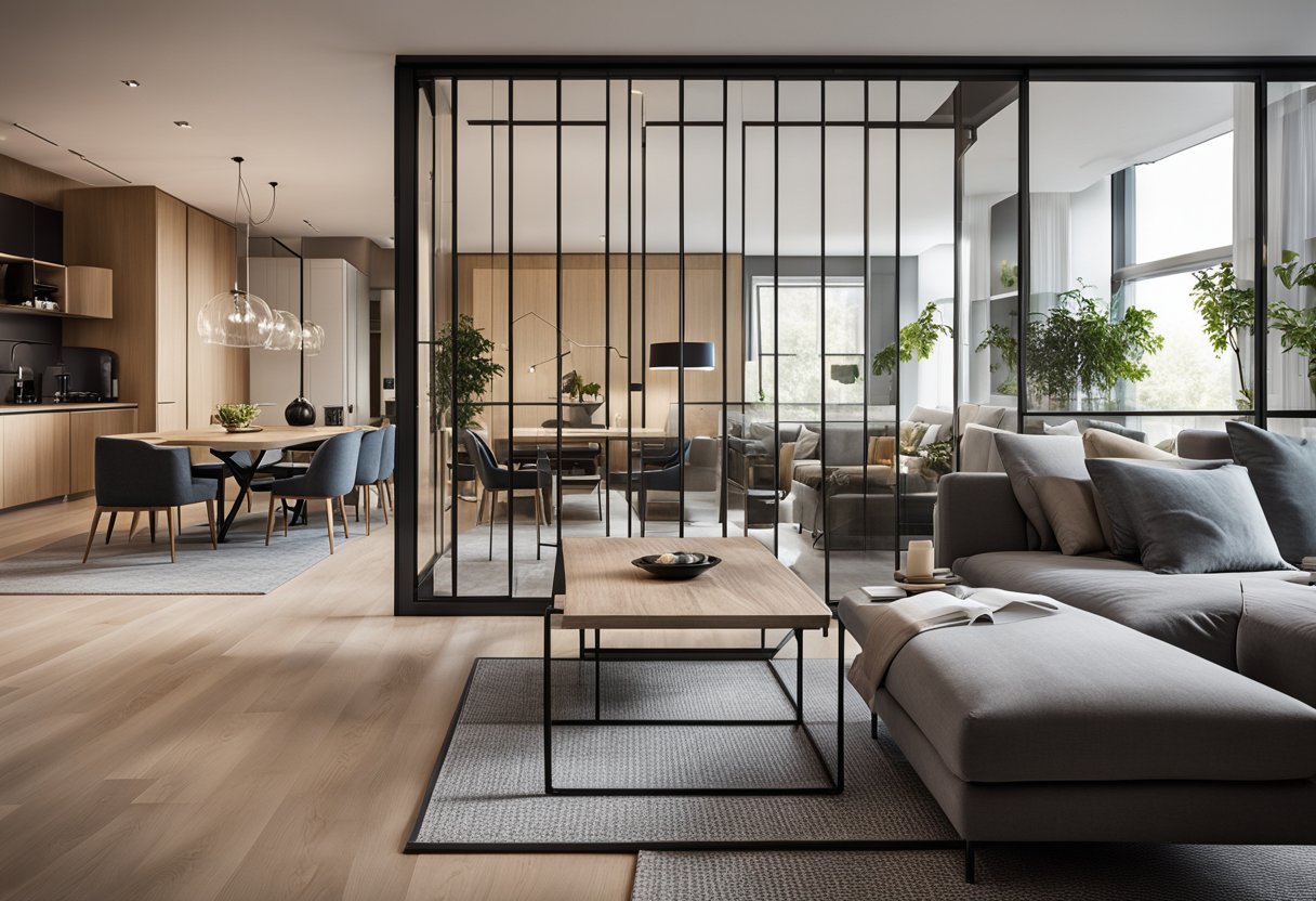 A modern living room with a sleek, innovative partition separating it from the dining area. The partition features a unique design with clean lines and a blend of materials such as glass, wood, and metal