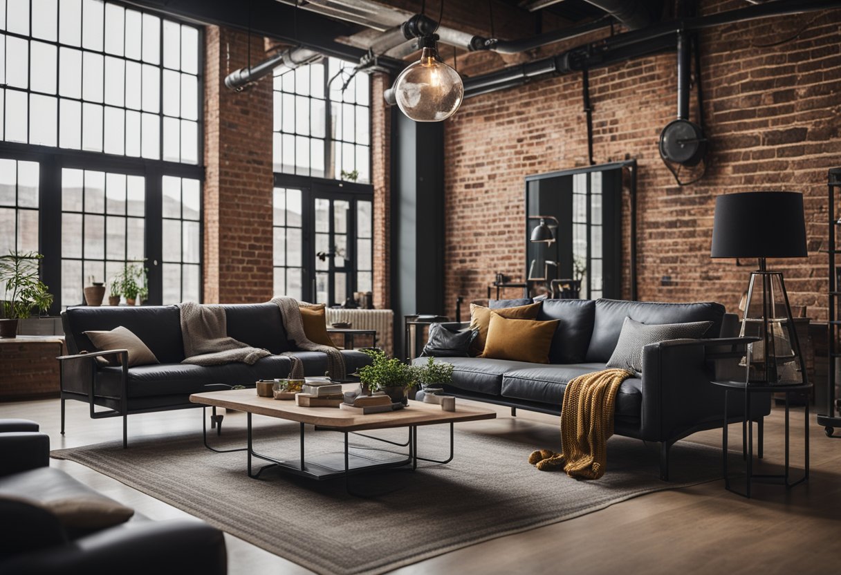 An industrial living room with exposed brick walls, metal furniture, and large windows. A mix of vintage and modern decor creates a stylish and comfortable space