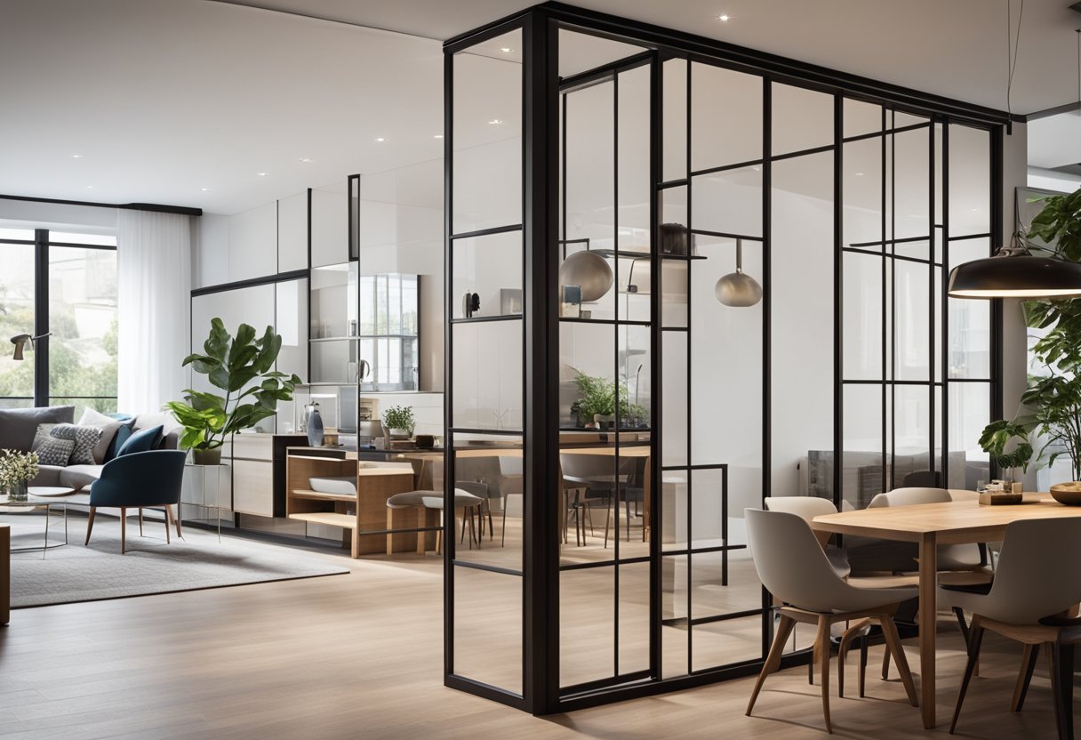 A sleek, modern partition separates the living and dining areas, featuring a combination of glass and wood for a functional and stylish design