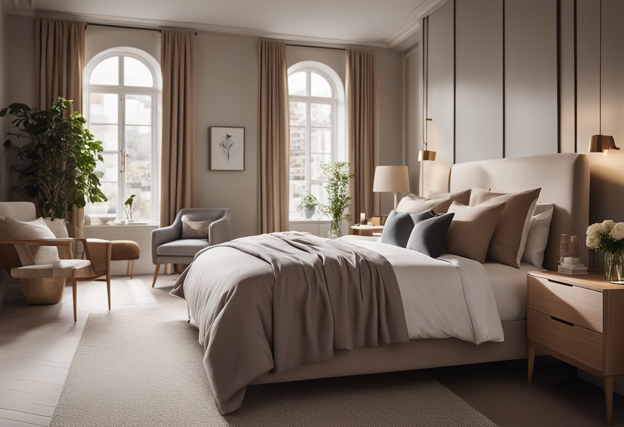 A cozy bedroom with neutral tones, a plush bed, and warm lighting. A sleek desk and chair sit in the corner, with a large window letting in natural light