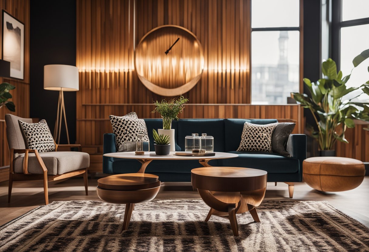 A living room with bold patterns, shag carpet, and earthy color palette. Wood paneling and geometric prints adorn the walls. A sunburst clock and lava lamp sit on the coffee table