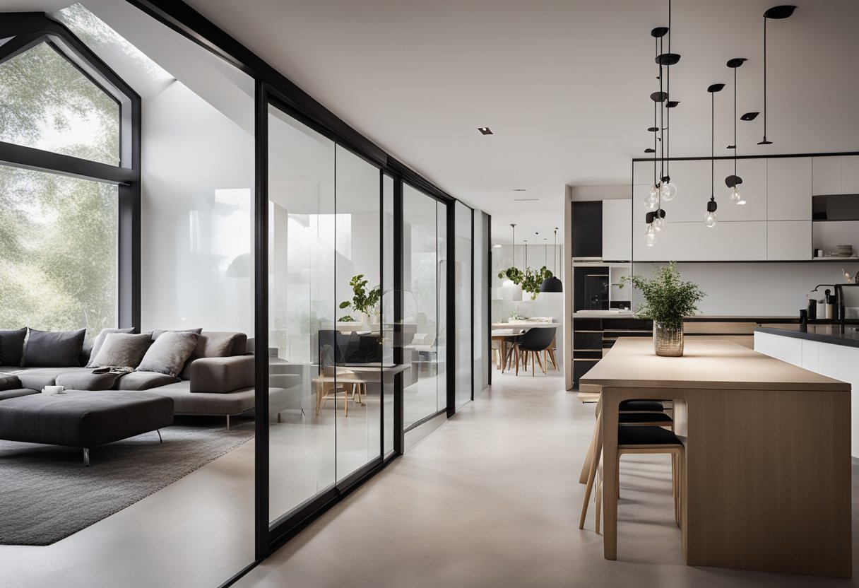 A modern living and dining room with a sleek, transparent partition separating the two spaces. Clean lines and minimalistic design create a sense of openness and flow