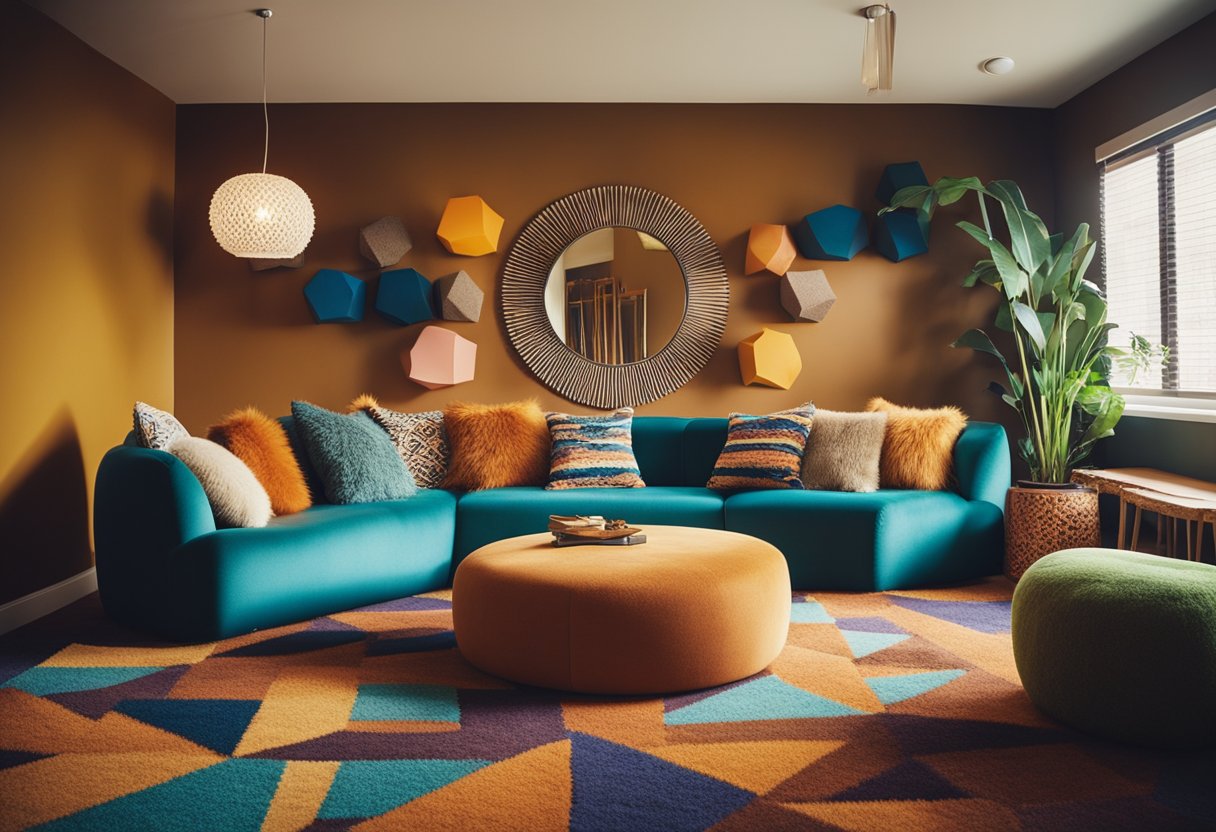Colorful shag carpet, bold geometric patterns, earthy tones, and funky furniture like bean bag chairs and modular sofas define 1970s interior design