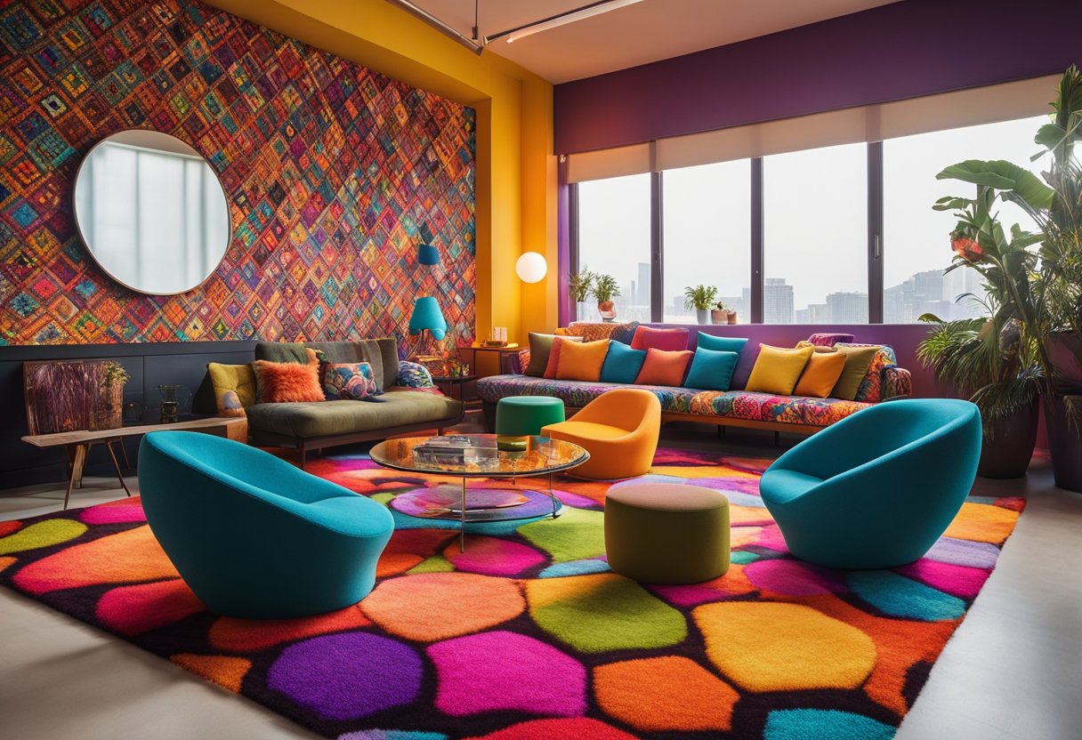 Brightly colored shag carpet, geometric patterned wallpaper, lava lamps, and bold, psychedelic artwork adorn the room. Groovy furniture includes bean bag chairs, sunken living rooms, and conversation pits