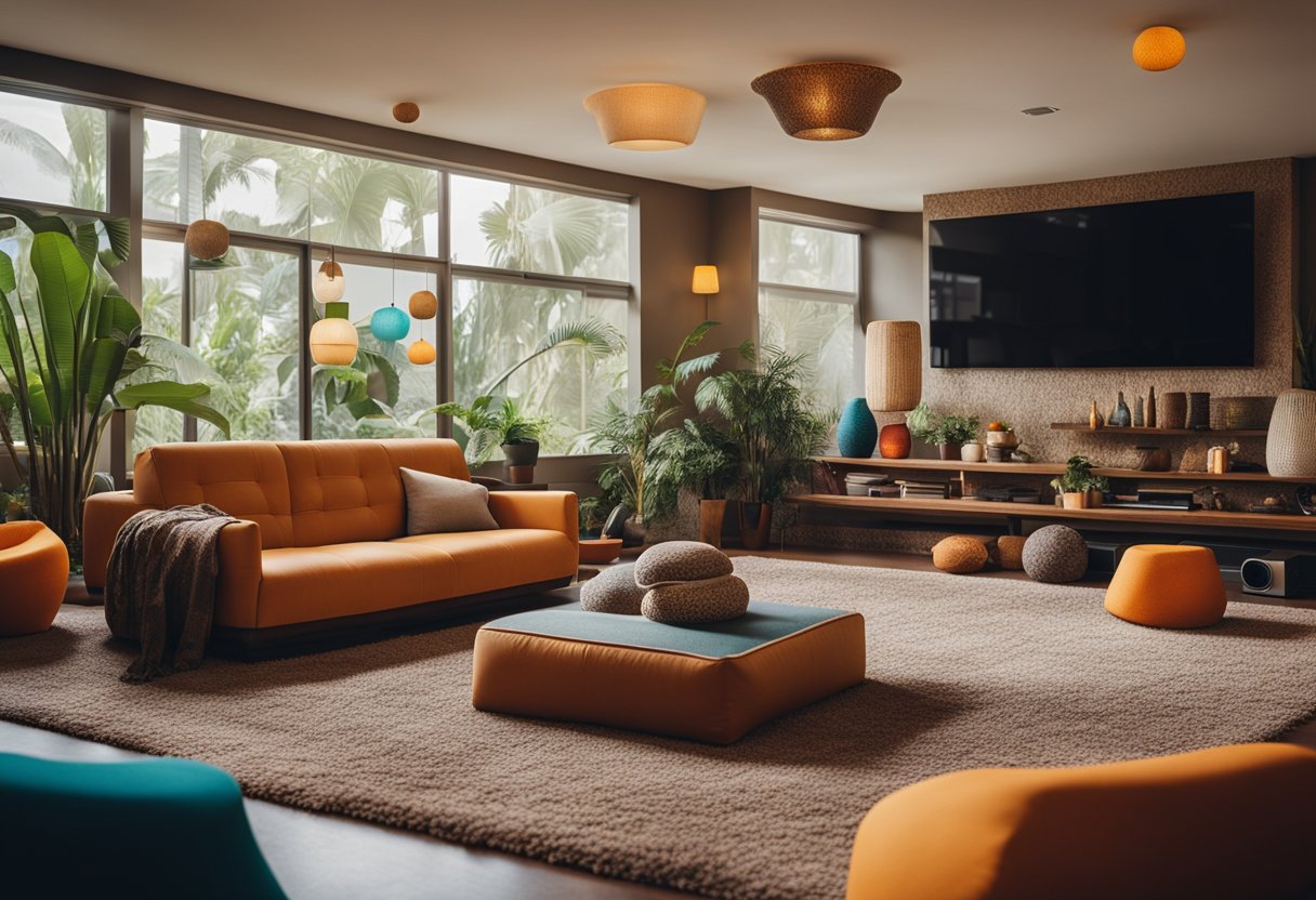 A sunken living room with shag carpet, earthy tones, and geometric patterns. Lava lamps and bean bag chairs add to the groovy atmosphere