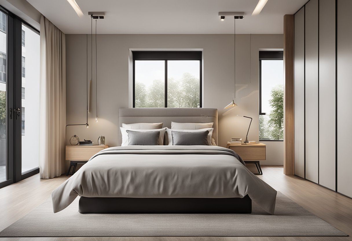 The 2 bedroom interior features a modern, minimalist design with neutral colors, sleek furniture, and large windows allowing natural light to fill the space