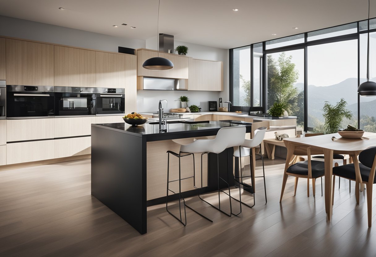 A modern, open-concept kitchen and living room with sleek, minimalist furniture and large windows letting in natural light